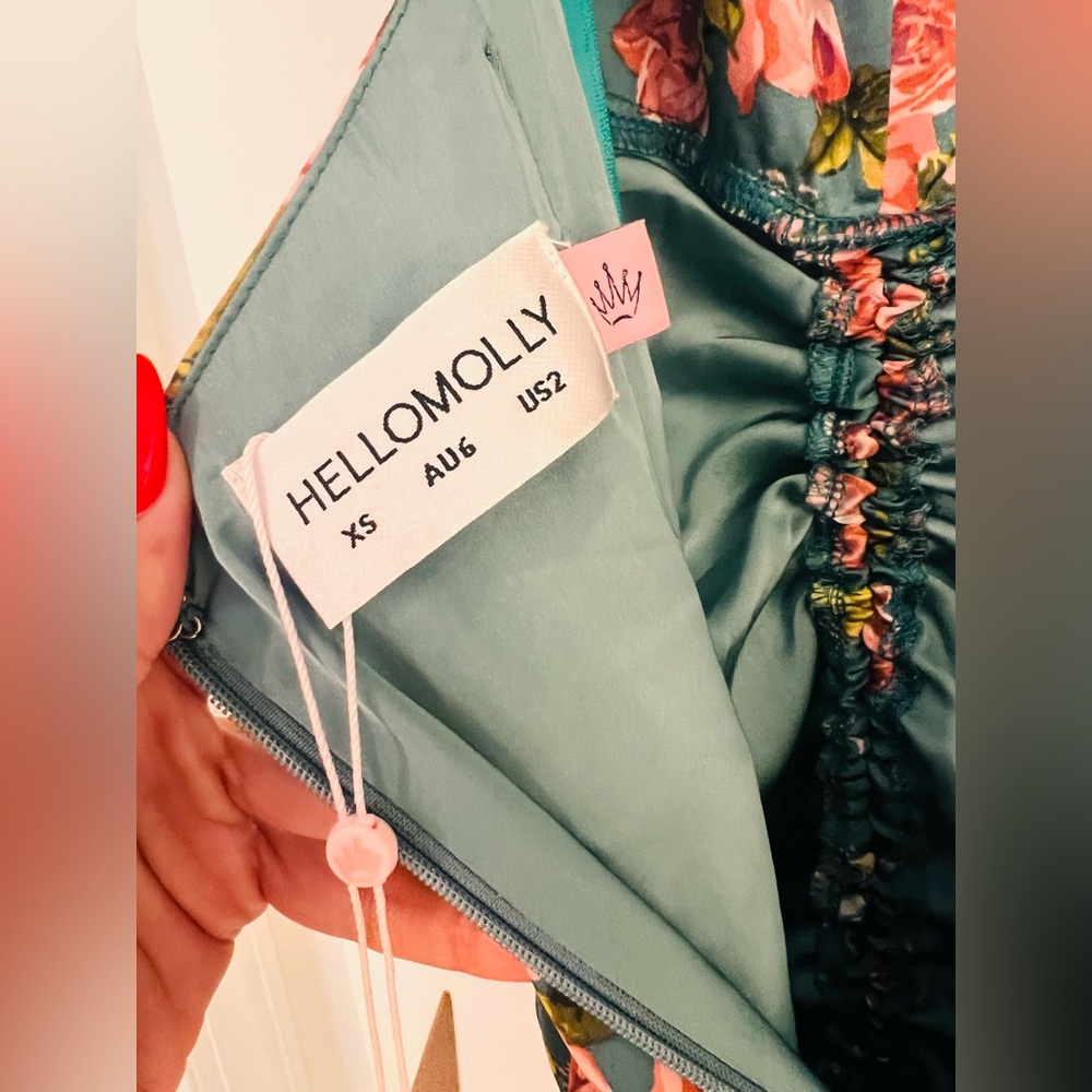 HELLO MOLLY ONE SHOULDER SATIN MAXI DRESS GREEN W PINK FLORAL SIZE XSMALL NWT - Picture 14 of 17